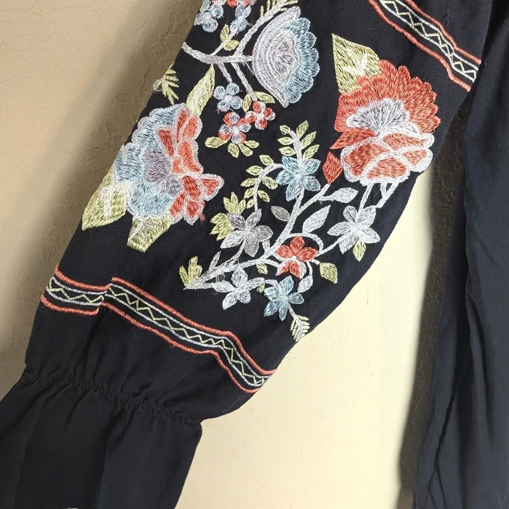 Free People Black Embroidered Peasant Tunic Dress Boho Festival Cottagecore Sz L